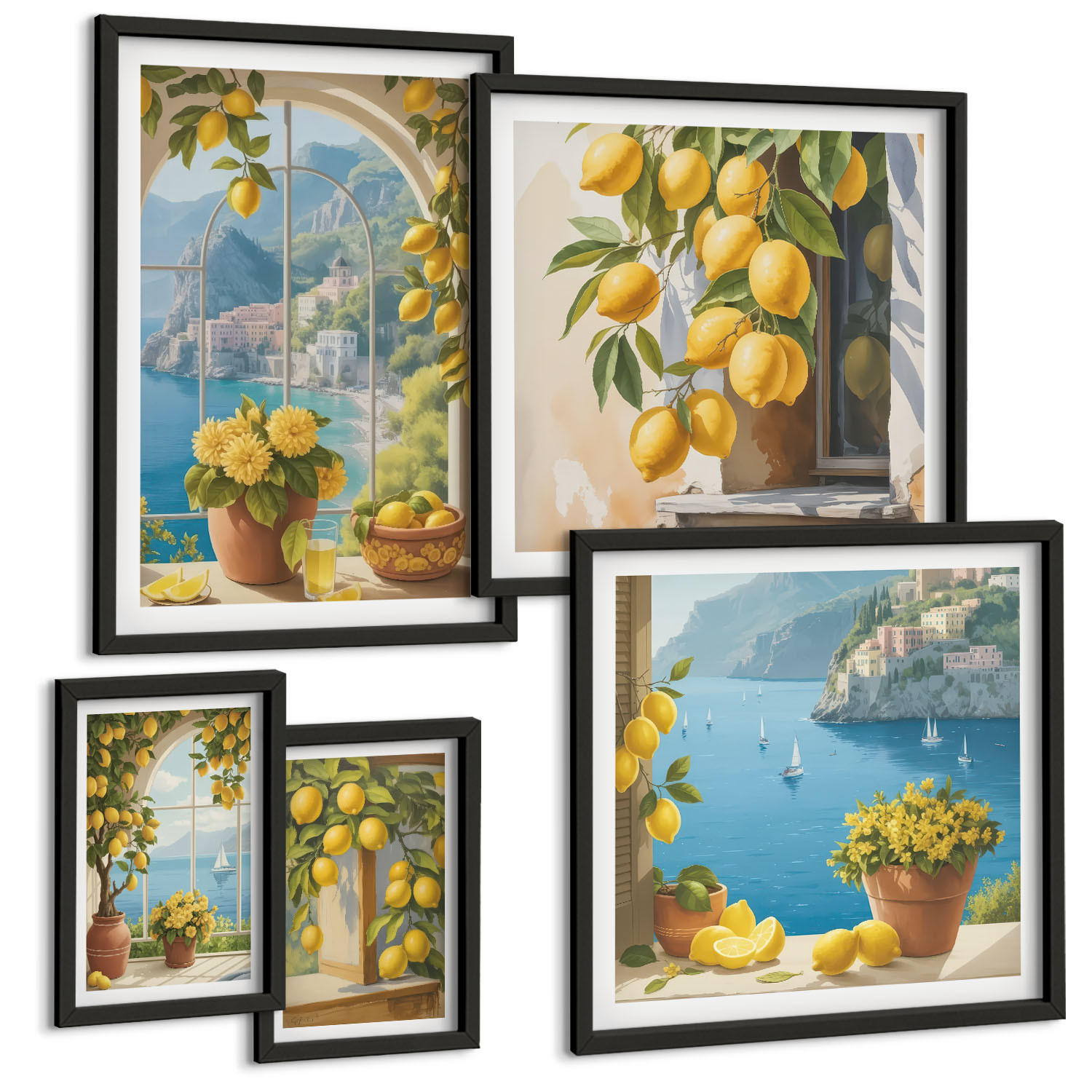BILDER SET 5er Set - 50x50 cm & 20x30 cm & 40x60 cm Schwarzer Rahmen - Meerblick, italienische Zitronen - Schwarz, Kunststoff (40/60cm) - TULUP