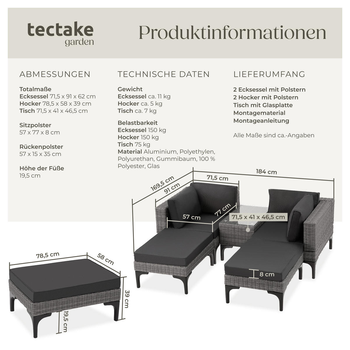 RATTANLOUNGE Bellaria,mit Sicherheitsglasplatte,grau - Grau, Kunststoff/Metall - tectake
