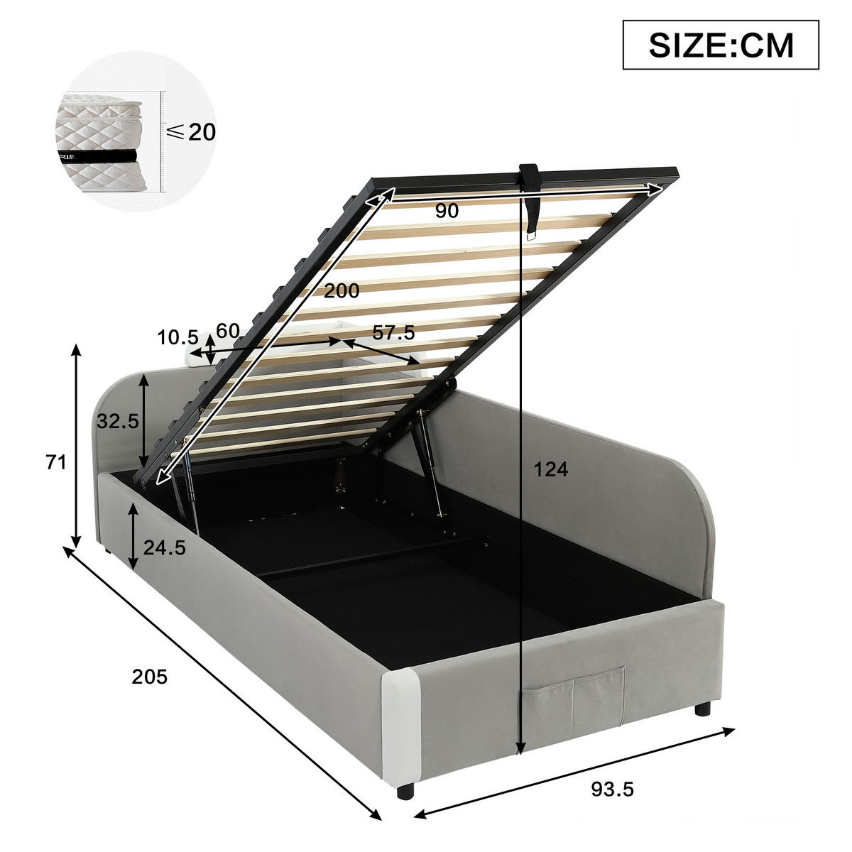 POLSTERBETT aus Samt 90x200 cm in Grau mit hydraulischem Stauraum - Grau, Textil (90/200cm) - Modfu