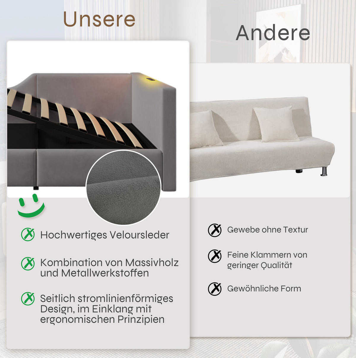 POLSTERBETT 90/200 cm mit hydraulischem Stauraum, Leselampe und USB-C-Anschluss, Samt, Grau - Grau, Holz (90/200cm) - Redom