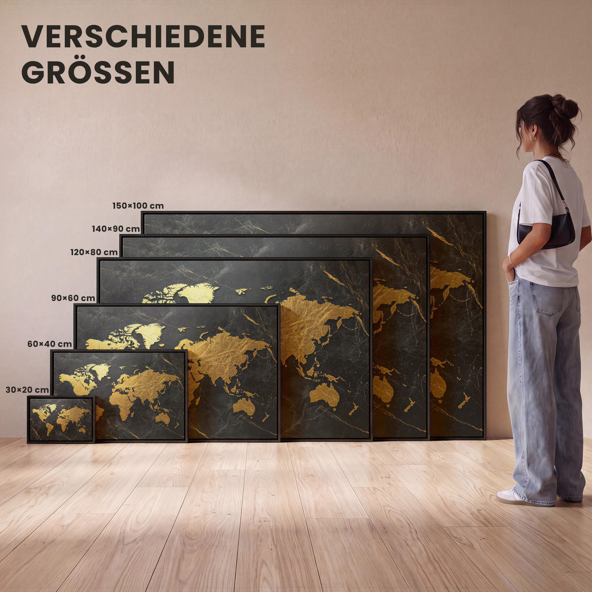 LEINWAND Bilder mit Rahmen - Weltkarte - Gold - Marmor - 150x100 - Goldfarben, Textil (150/100cm) - MuchoWow