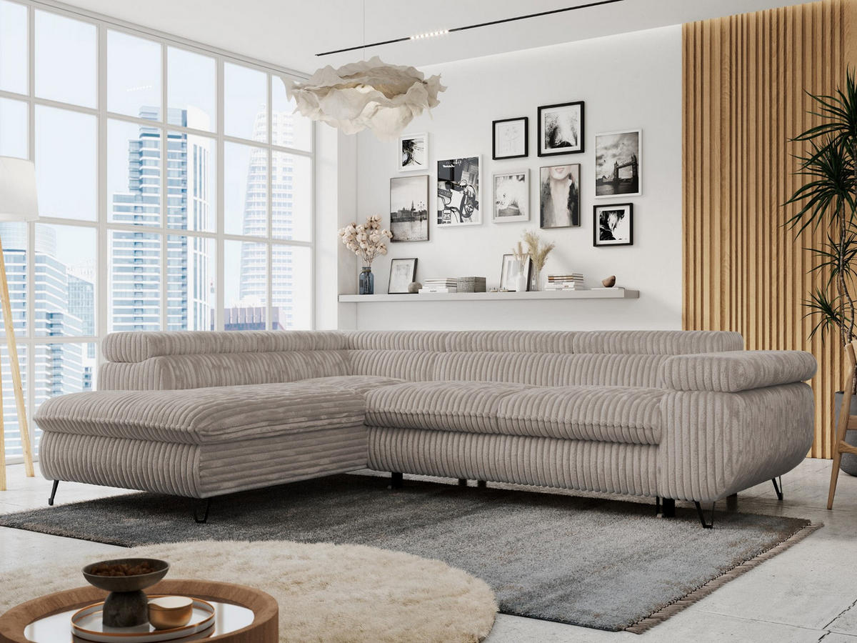 ECKSOFA PETER L Hellbraun Cord - Links Seite - Hellbraun/Schwarz, Textil/Metall (208/273cm) - MKS