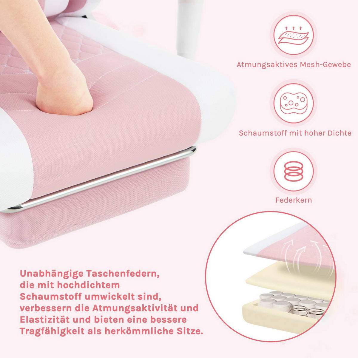 GAMINGSTUHL mit Lendenkissen, Massagefunktion, Rosa+Weiß - Weiß/Rosa, Textil/Metall (70/129/57.5cm) - Woltu