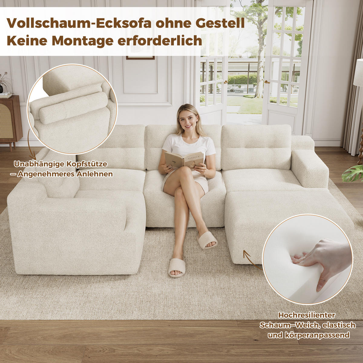 WOHNLANDSCHAFT 252/180/82 cm Beige mit 1 Fußhocker - Beige, Textil (252/82/180cm) - Oxeza
