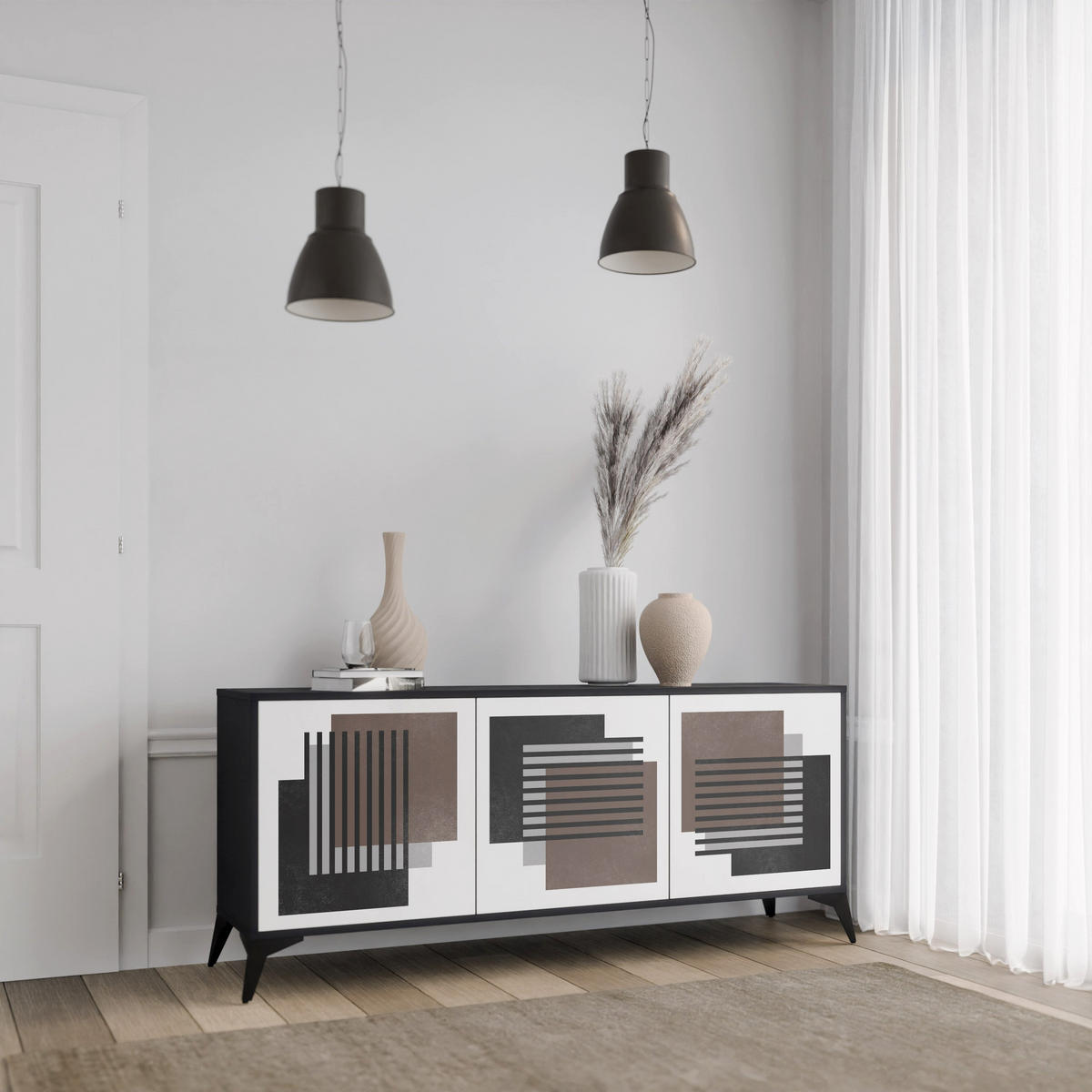 SIDEBOARD SHADOW SYNCHRONY, Eicheneffekt, 164,5x42x77,5 cm, 3 Türen - Eichefarben/Buchefarben, Holzwerkstoff/Buchenholz (164.5/77.5/42cm) - SpaceRebels
