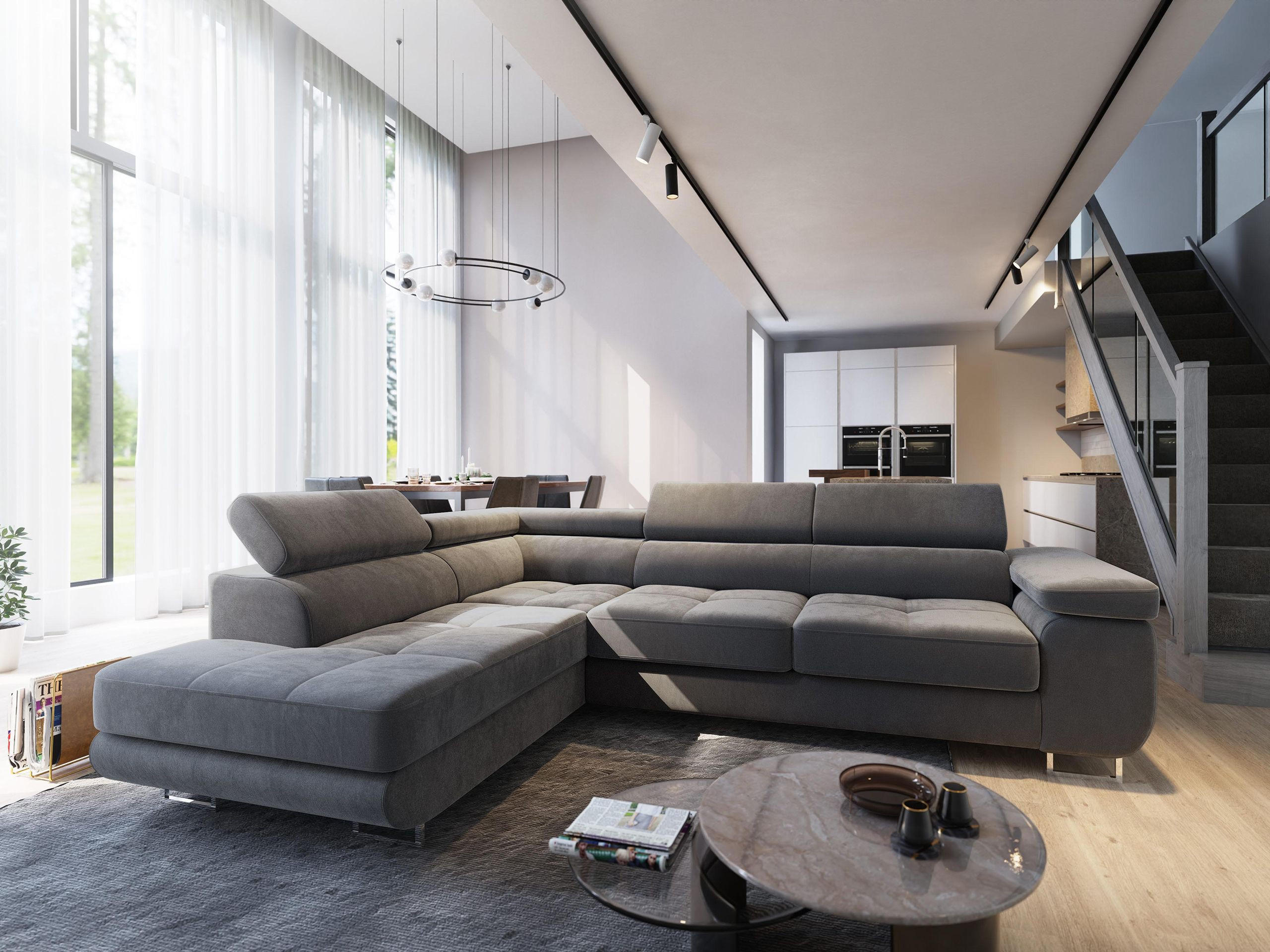 ECKSOFA SELVA L-S Grau Velours-Stoff mit Schlaffunktion - Grau, Holz (275/202cm) - MASSENO