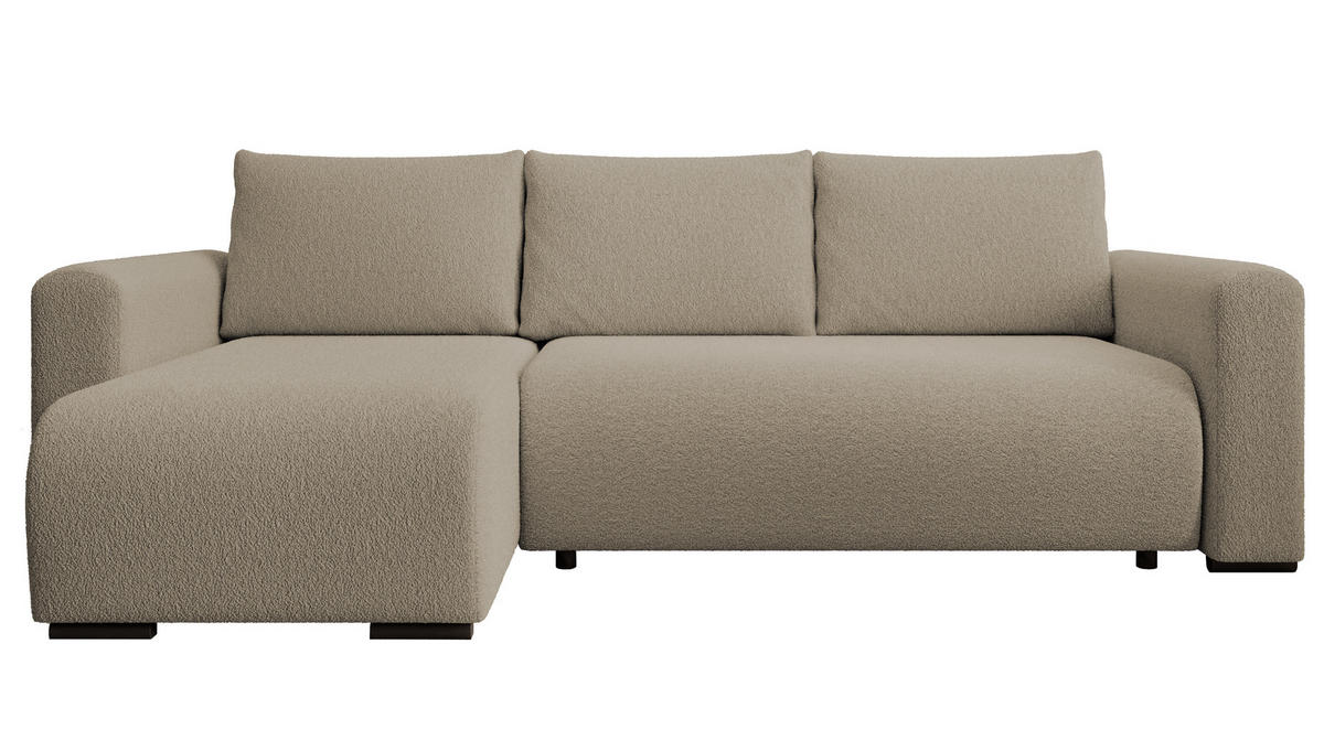 ECKSOFA DORA L, Eckcouch in L-Form mit Schlaffunktion und Bettkasten, Farbe: Hellbraun, Bouclé-Stoff, Ottomane Links - Hellbraun, Textil (240/143cm) - Storez24