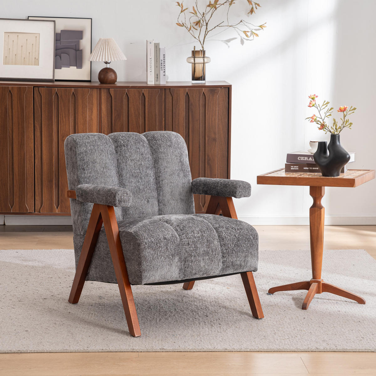 SESSEL Bouclé Grau mit Holzrahmen - Grau, Holz/Holzwerkstoff (77/77/68.5cm) - WISHDOR