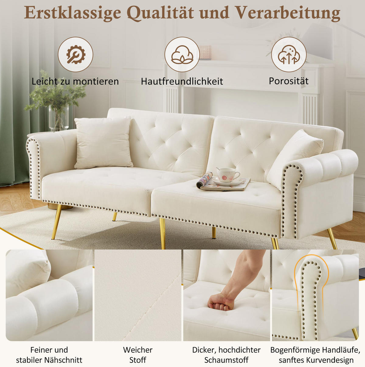 2-SITZER 147/85 cm Beige aus Samt mit verstellbarer Rückenlehne - Beige, Kunststoff (75/70/173cm) - OKMYHOME
