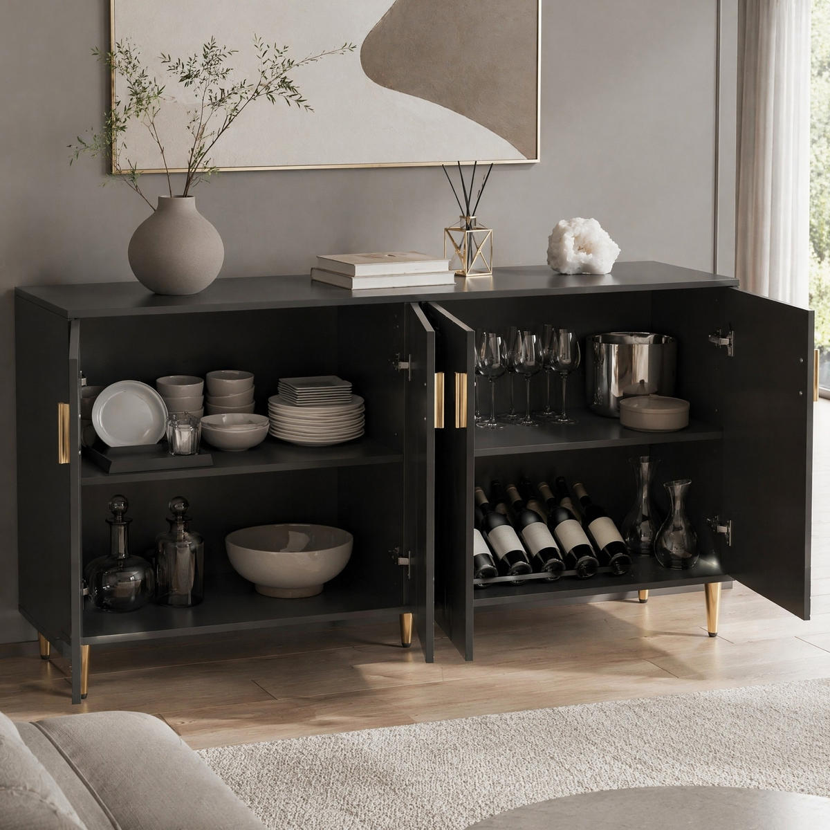 KUCHYŇSKÁ SKŘÍŇ černá s jedinečným vlnitým designem a zlatými úchyty, do obývacího pokoje, 152×40×75 cm - černá/zlatá, kov/kompozitní dřevo (152/75/40cm) - STILVORA