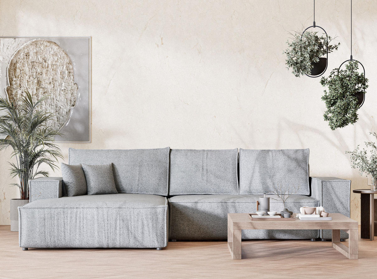 ECKSOFA MIT SCHLAFFUNKTION Maze Hellgrau Webstoff - Hellgrau/Schwarz, Holz/Holzwerkstoff (294/185cm) - Maison de Reve