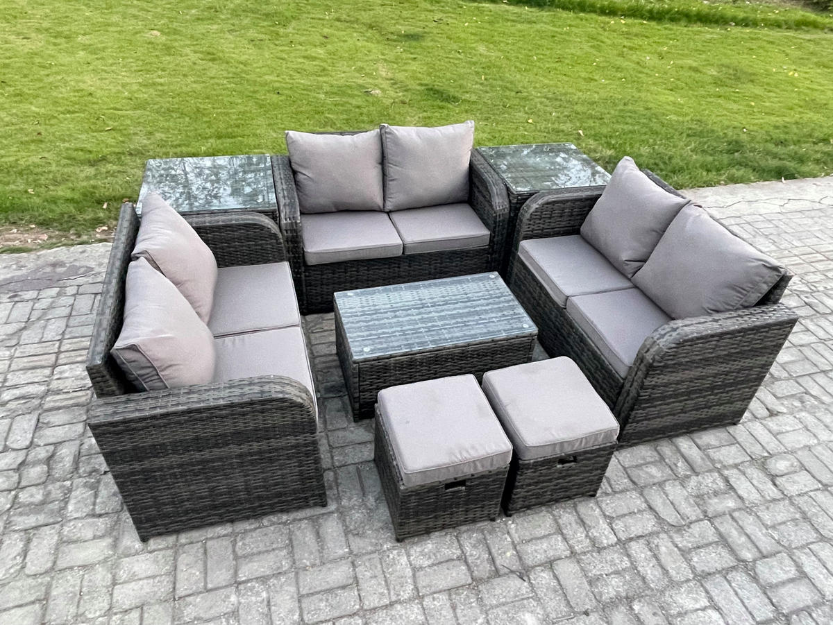 GARTENMÖBELGARNITUR mit KISSEN Polyrattan Dunkelgrau 8-Sitzer - Dunkelgrau/Grau, Glas/Kunststoff - Fimous