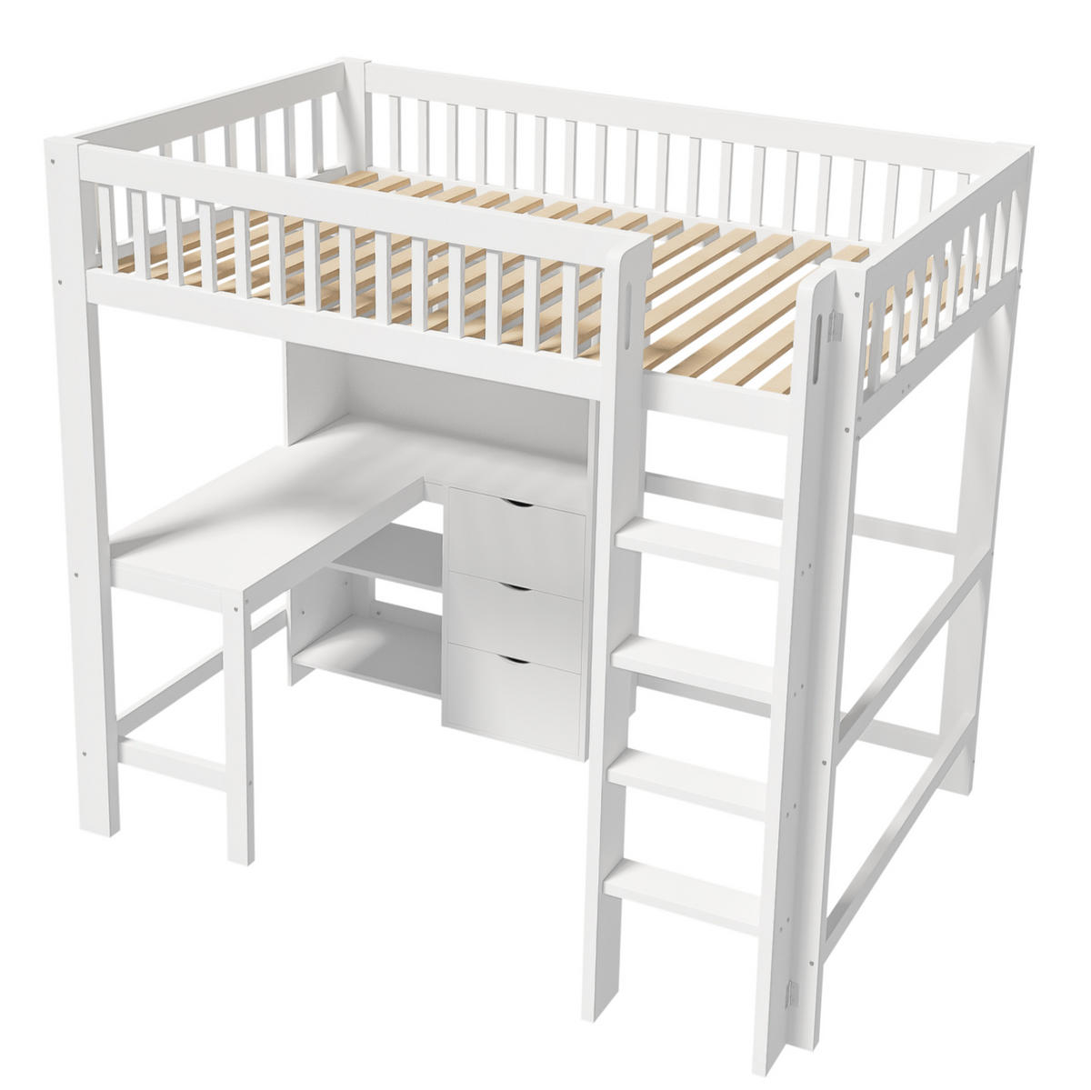 HOCHBETT 90/200 cm mit Schreibtisch, 3 Schubladen, Ablagefächern und Leiter aus Kiefernholz und MDF, Weiß - Weiß, Holz (90/200cm) - Redom