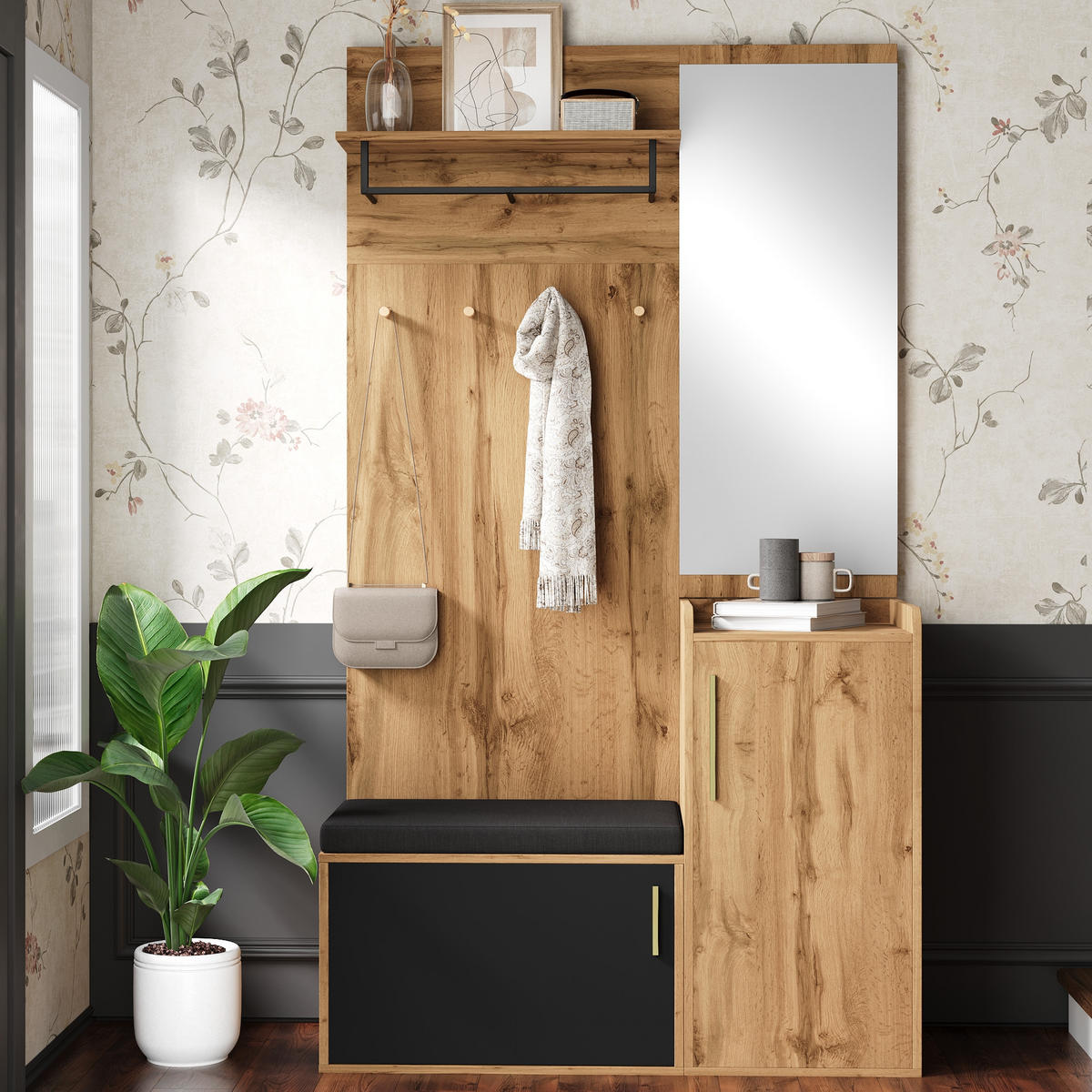 GARDEROBENSET Spiegel Sitzbank Schuhschrank - Naturfarben, Holzwerkstoff (100/185/38cm) - Fortuna Lai