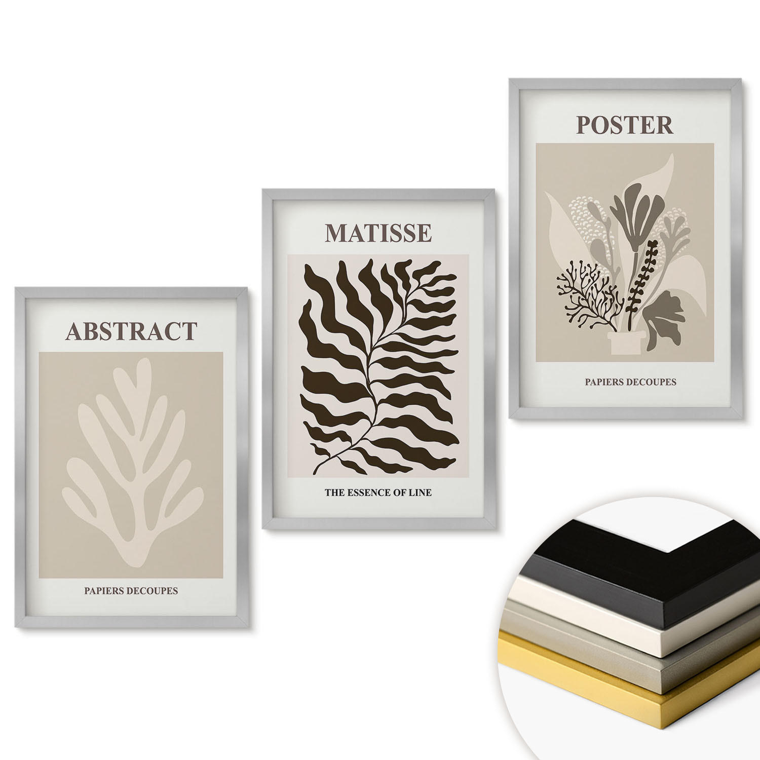 WANDBILDER 3er Set - 40x60 cm Silberner Rahmen - Beige-braune Pflanzenmuster - Silberfarben, Kunststoff (40/60cm) - ArtPrintCave