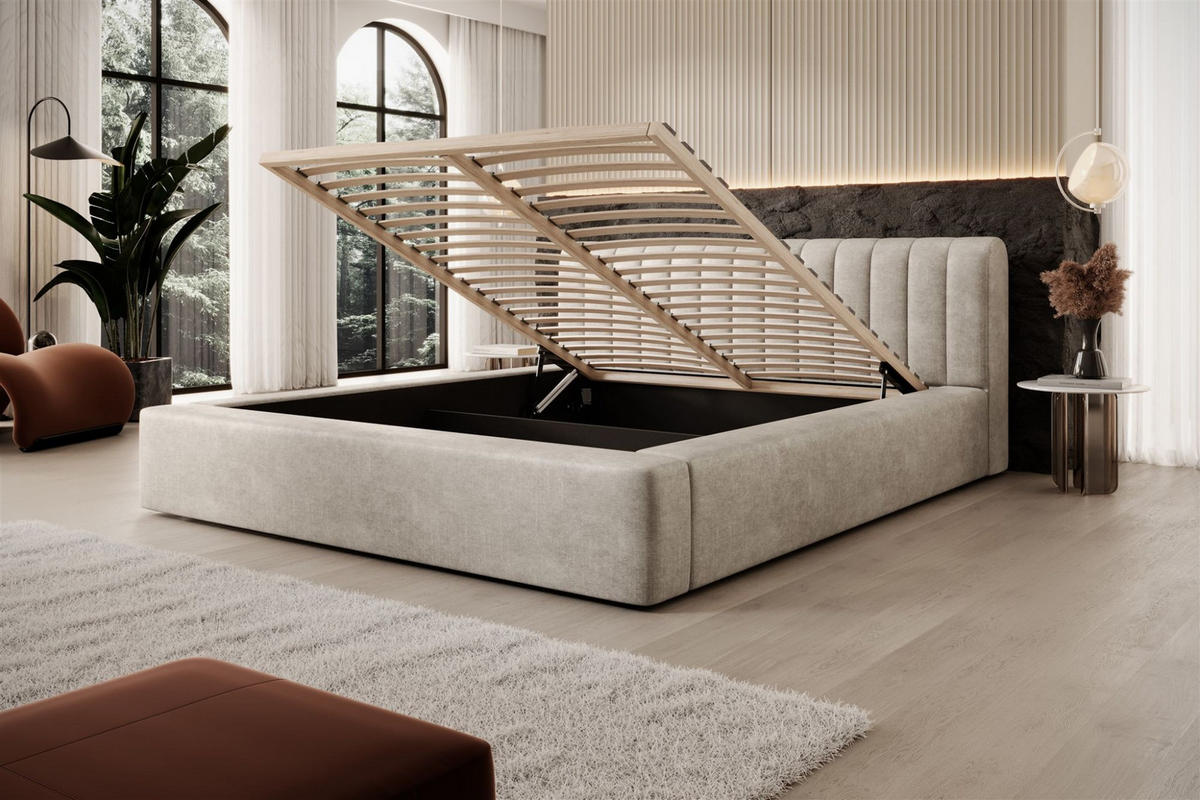 POLSTERBETT Peoria Stoff Macau - Creme, Holzwerkstoff/Textil (140/200cm) - Fun Möbel