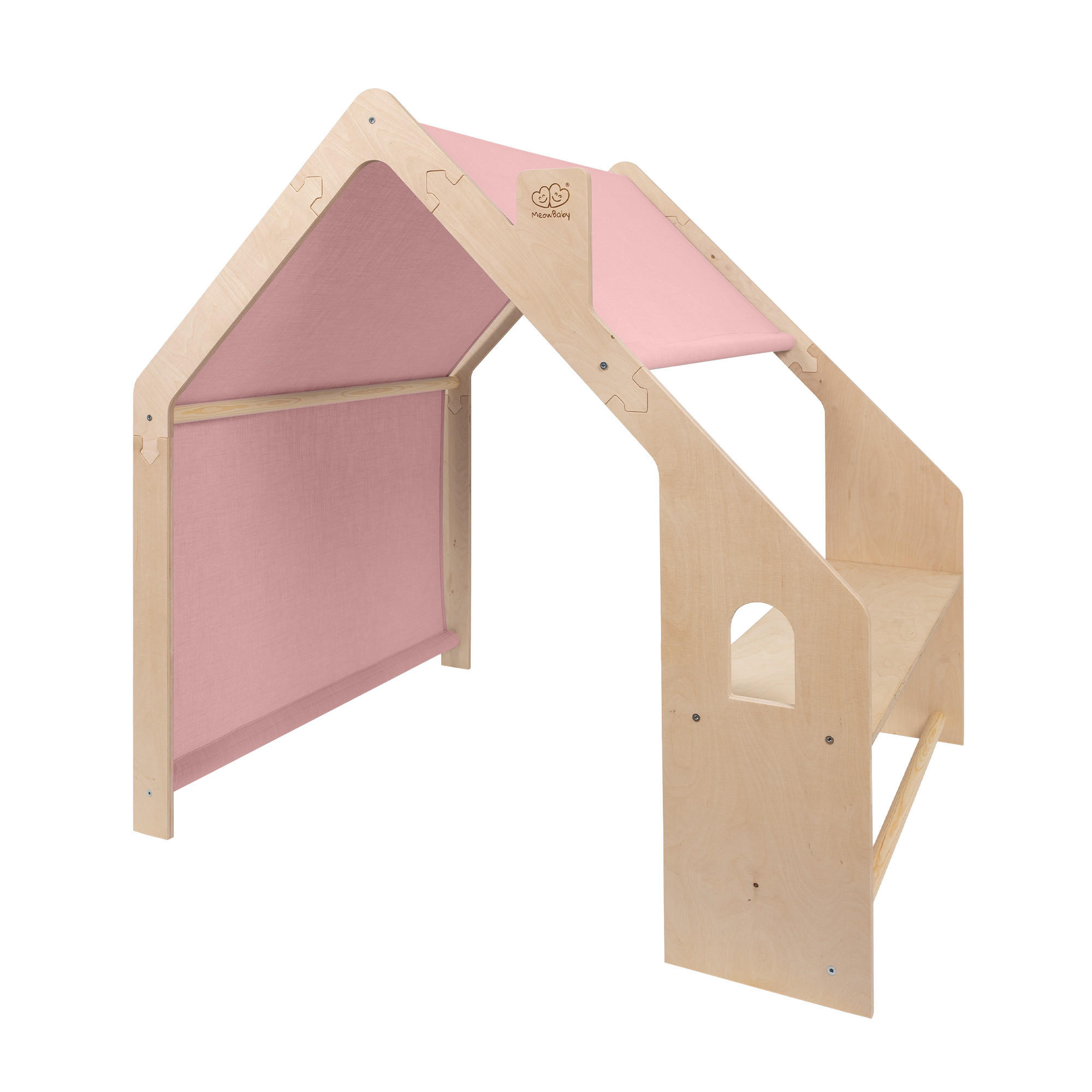 HOLZHÄUSCHEN Für Kinder mit Rosa Dach, Zarter Stoff, Spielhaus, Natur - Pink/Naturfarben, Holz (110/112/98cm) - MeowBaby