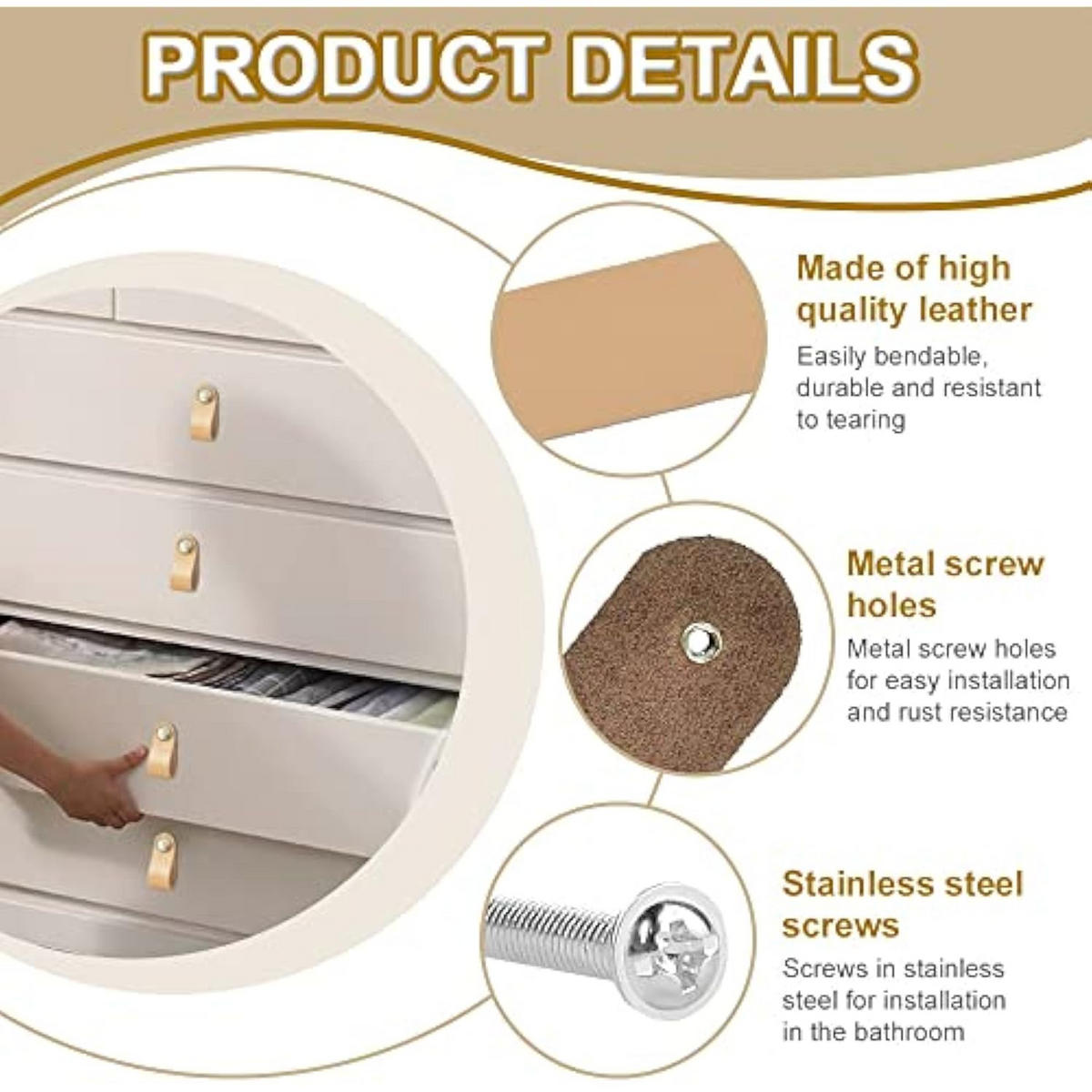 MÖBELGRIFF 10er-Set Leder - Beige, Metall (0.25/1/1.2cm)