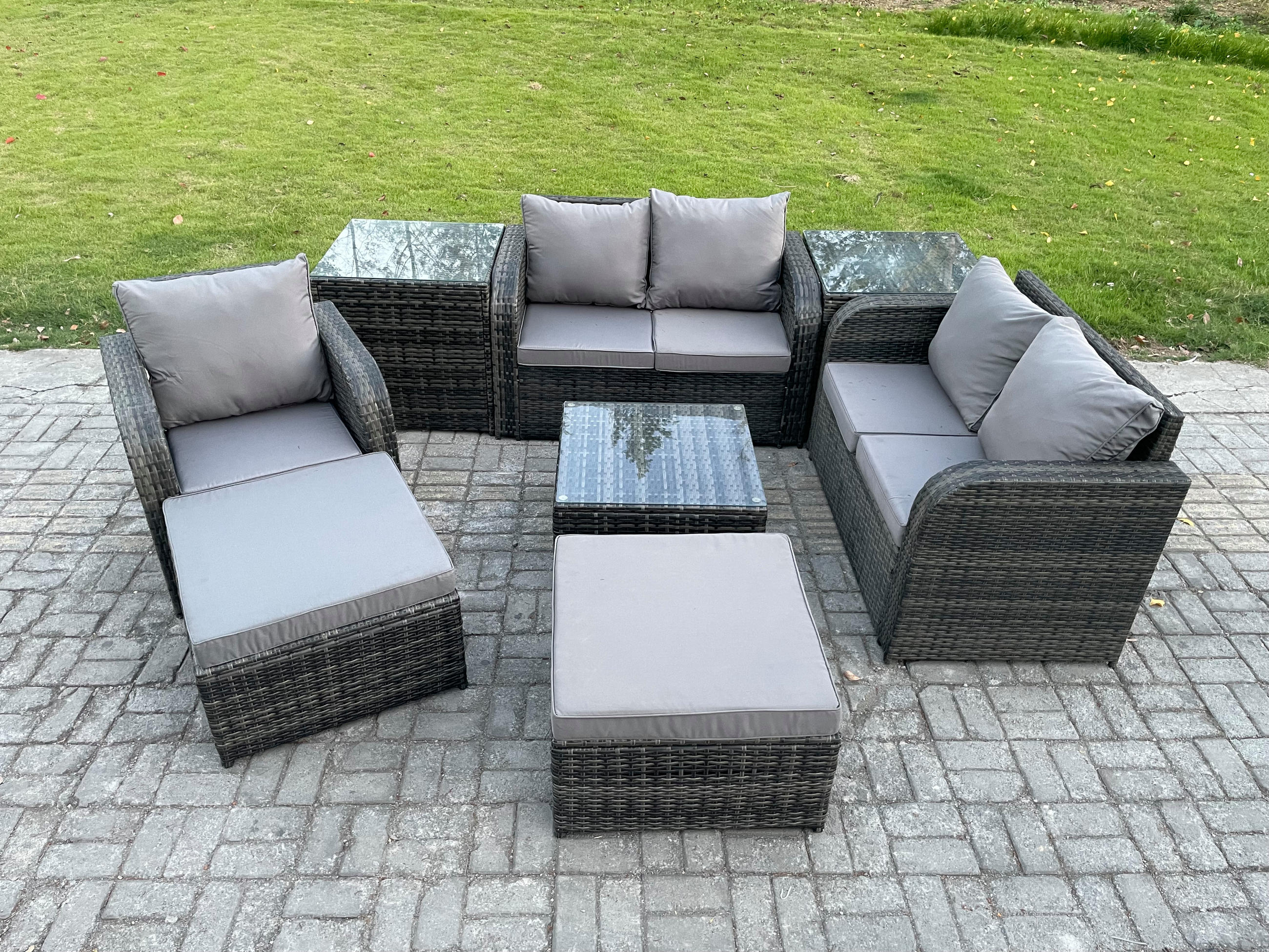 LOUNGEGARNITUR Polyrattan Dunkelgrau 7-Sitzer - Dunkelgrau, Metall - Fimous