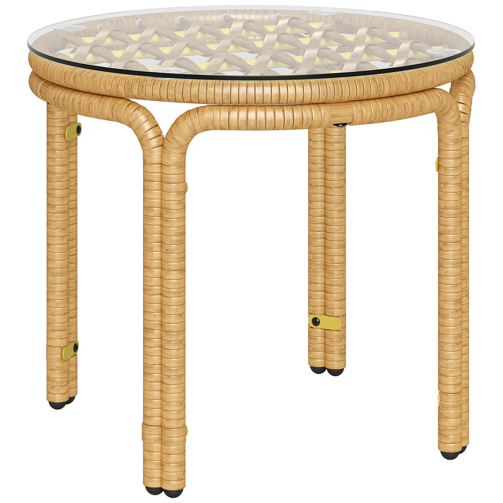 BEISTELLTISCH DE-06648 rund, Glasplatte, PE-Rattan Gelb - Gelb, Kunststoff/Metall (50/50/44cm) - ComfortXL