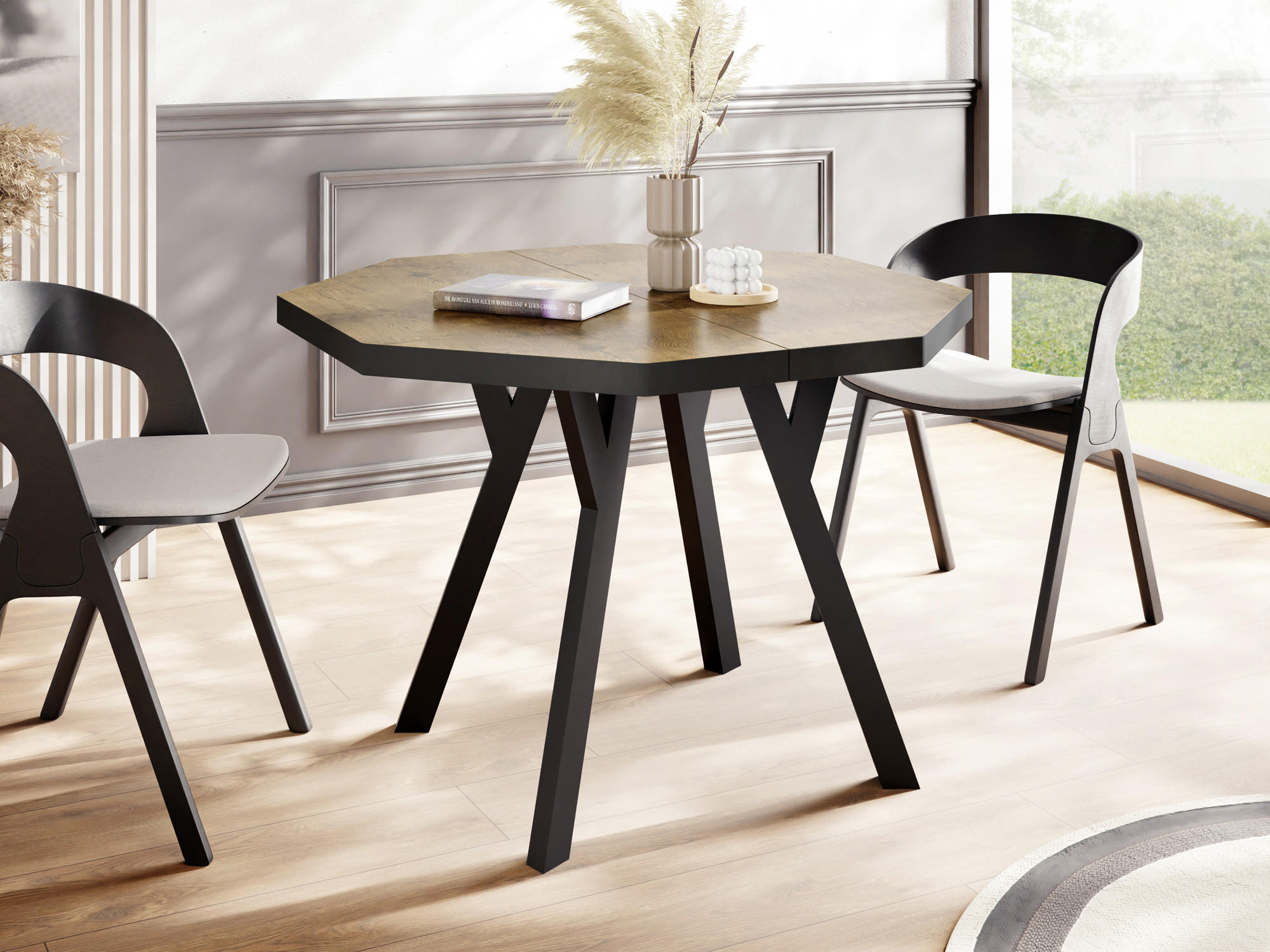 ESSTISCH Desmond achteckiger ausziehbarer, Lancelot Eiche 100-150/100/76 cm - Eichefarben/Schwarz, Holz/Holzwerkstoff (100/100/76cm) - WFL GROUP