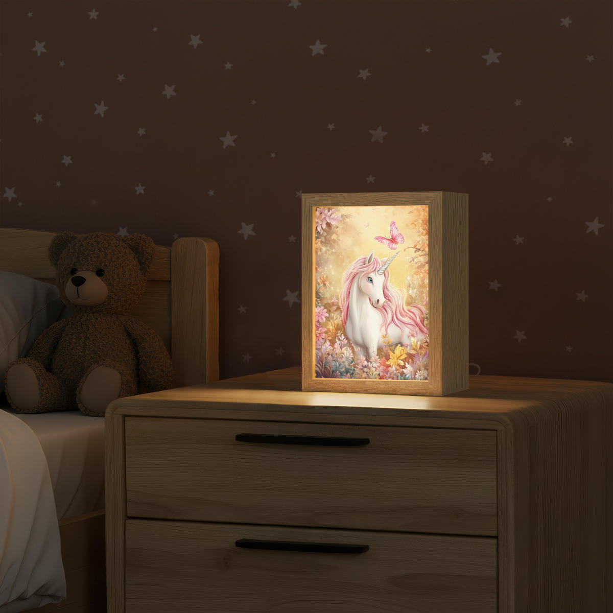 NÁSTĚNNÁ LAMPA Jednorožec - Květiny - Motýl - Růžová 15x20 cm - béžová, kompozitní dřevo (15/20/8cm) - OnlyWow