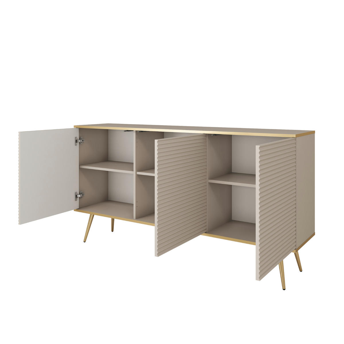 SIDEBOARD BANFF KOM2-3D Goldene Metallbeine, geriffelte Fronten, Weiß - Weiß, Holzwerkstoff/Kunststoff (160/85/39cm) - Komodee