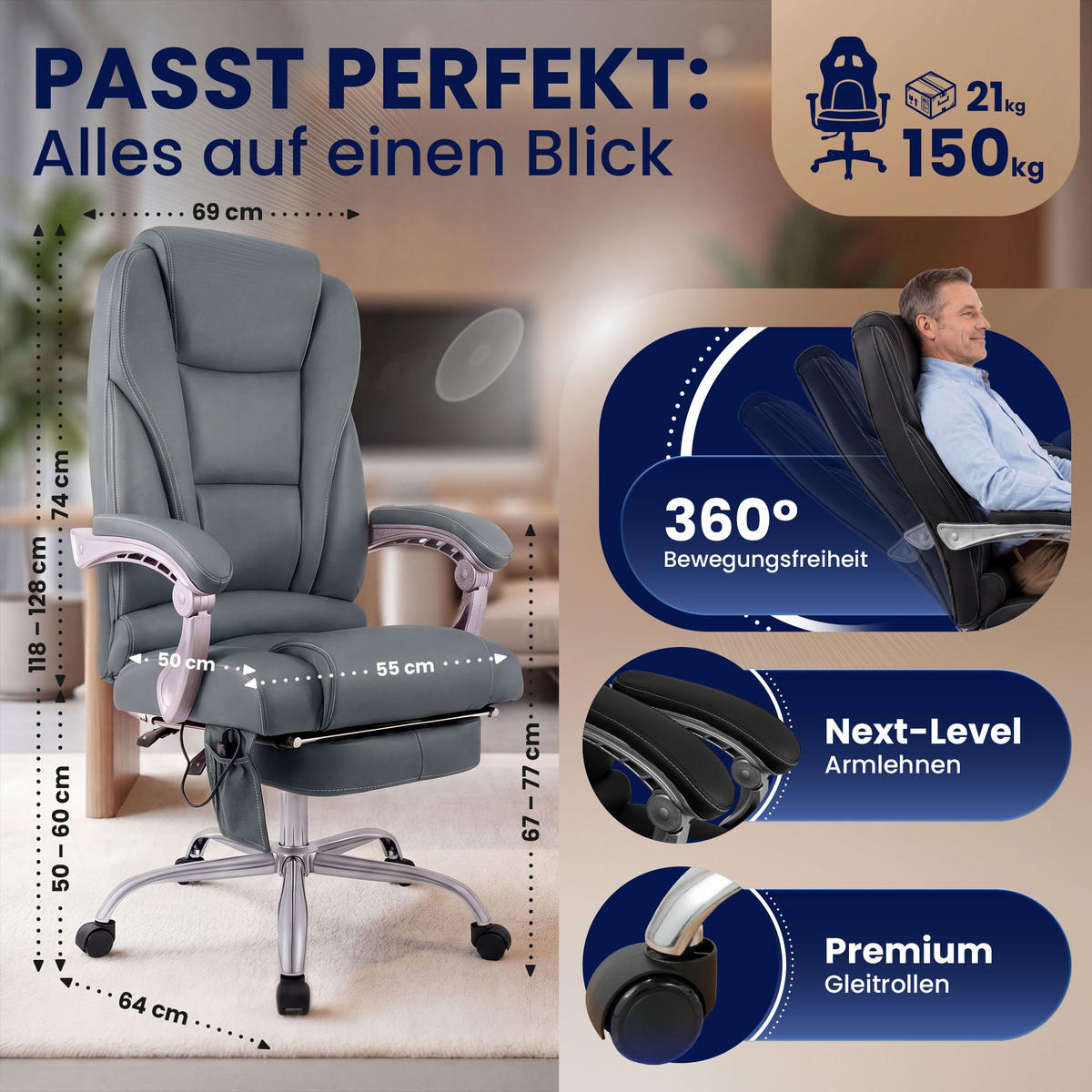 CHEFSESSEL Echtleder Grau - Chromfarben/Grau, Leder/Metall (69/118/64cm) - CLP