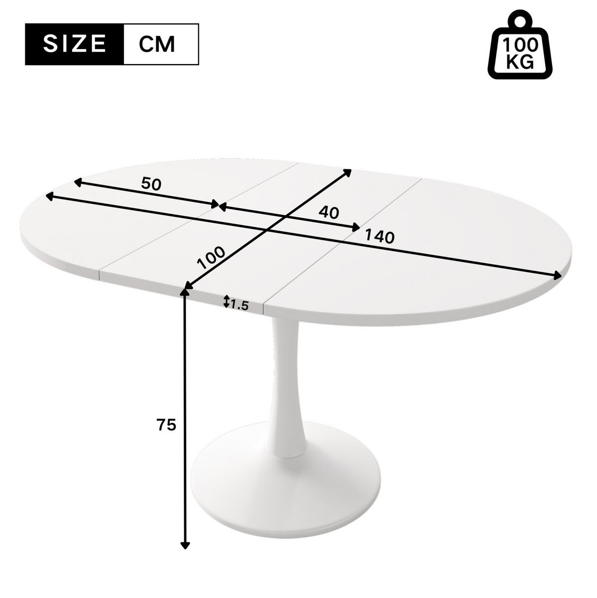 ESSTISCH ausziehbar oval MDF Weiß - Weiß, Holzwerkstoff (140/100/75cm) - Meubliv