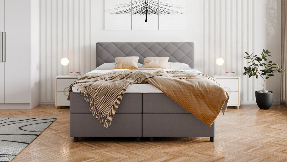 BOXBETT Diamaro 160x200 cm mit Bettkasten und Topper - Dunkelgrau - Grau, Holz (160/200cm) - Panda Möbel