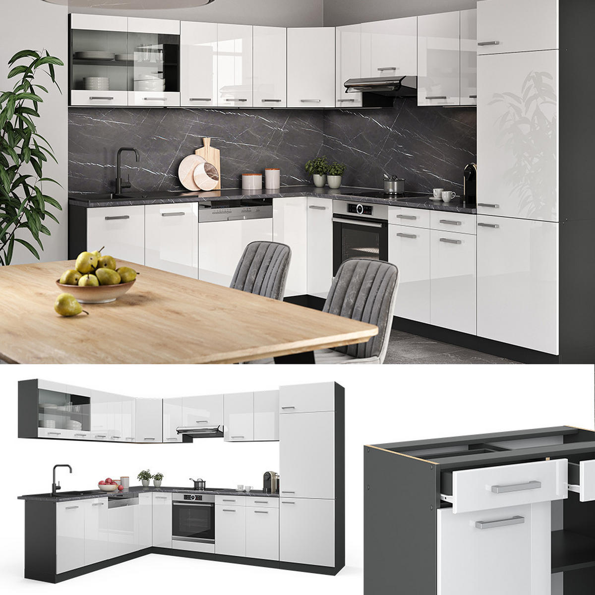 ECKKÜCHE R-Line Weiß Hochglanz/Anthrazit 227 x 287 cm ohne AP - Weiß Hochglanz/Anthrazit, Holzwerkstoff (287/81.6/46cm) - Vicco