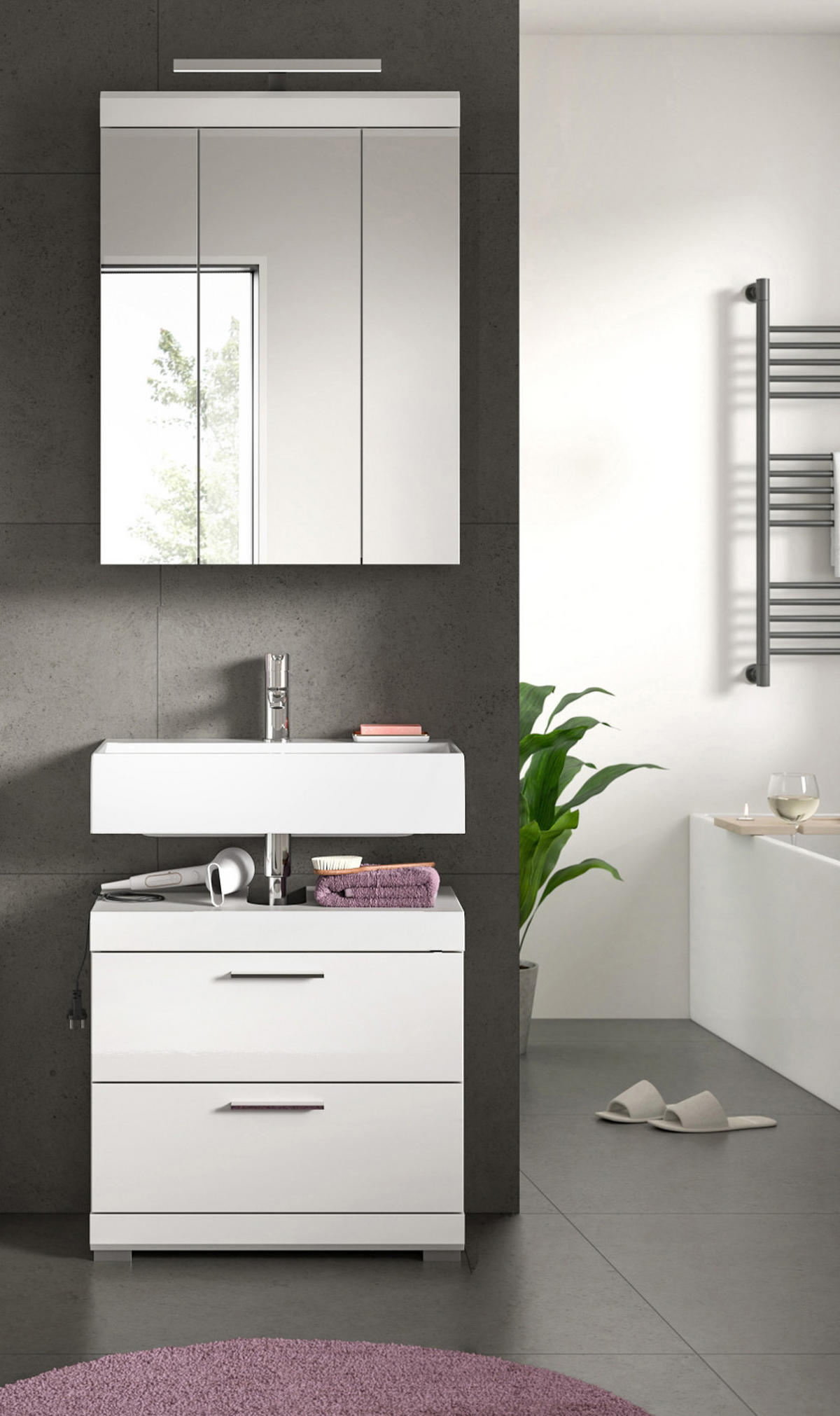 SPIEGELSCHRANK weiß Hochglanz 60 cm, Badschrank 3-türig - Weiß Hochglanz/Silberfarben, Glas/Holzwerkstoff (60/79/18cm) - Inn.Furn