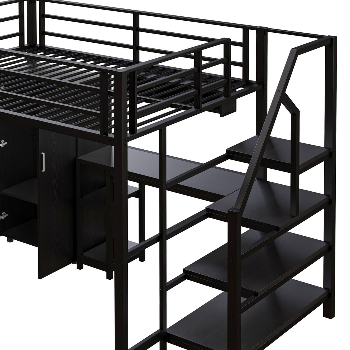 HOCHBETT 140/200 cm schwarz mit Kleiderschrank und integriertem Schreibtisch - Schwarz, Metall (140/200cm) - OKWISH