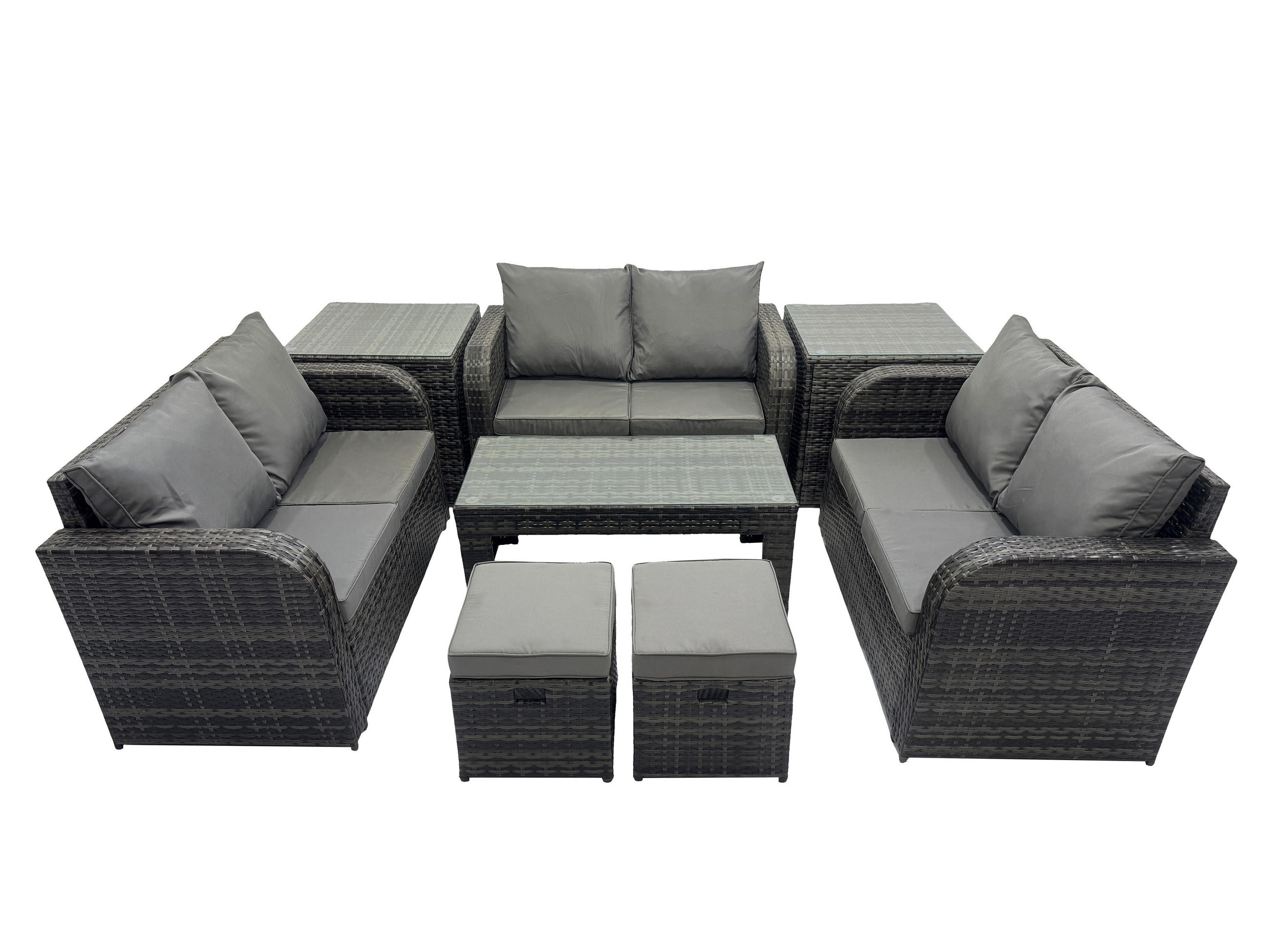 GARTENSOFA SET mit rechteckigem COUCHTISCH Polyrattan 8-Sitzer Dunkelgrau - Dunkelgrau/Grau, Glas/Kunststoff - Fimous