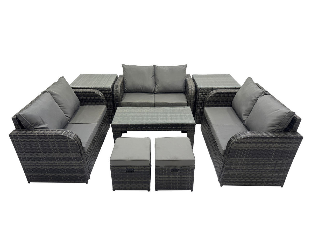 GARTENSOFA SET mit rechteckigem COUCHTISCH Polyrattan 8-Sitzer Dunkelgrau - Dunkelgrau/Grau, Glas/Kunststoff - Fimous