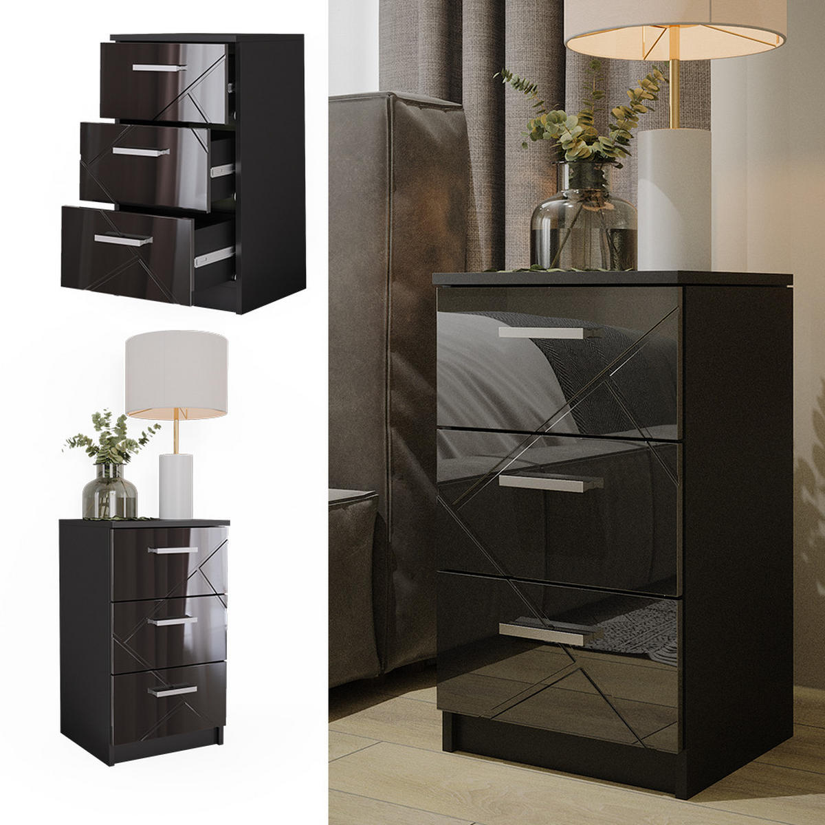 NACHTTISCH Irma Schwarz 37.6 x 66 cm - Schwarz, Holzwerkstoff (35.5/66/37.6cm) - Vicco