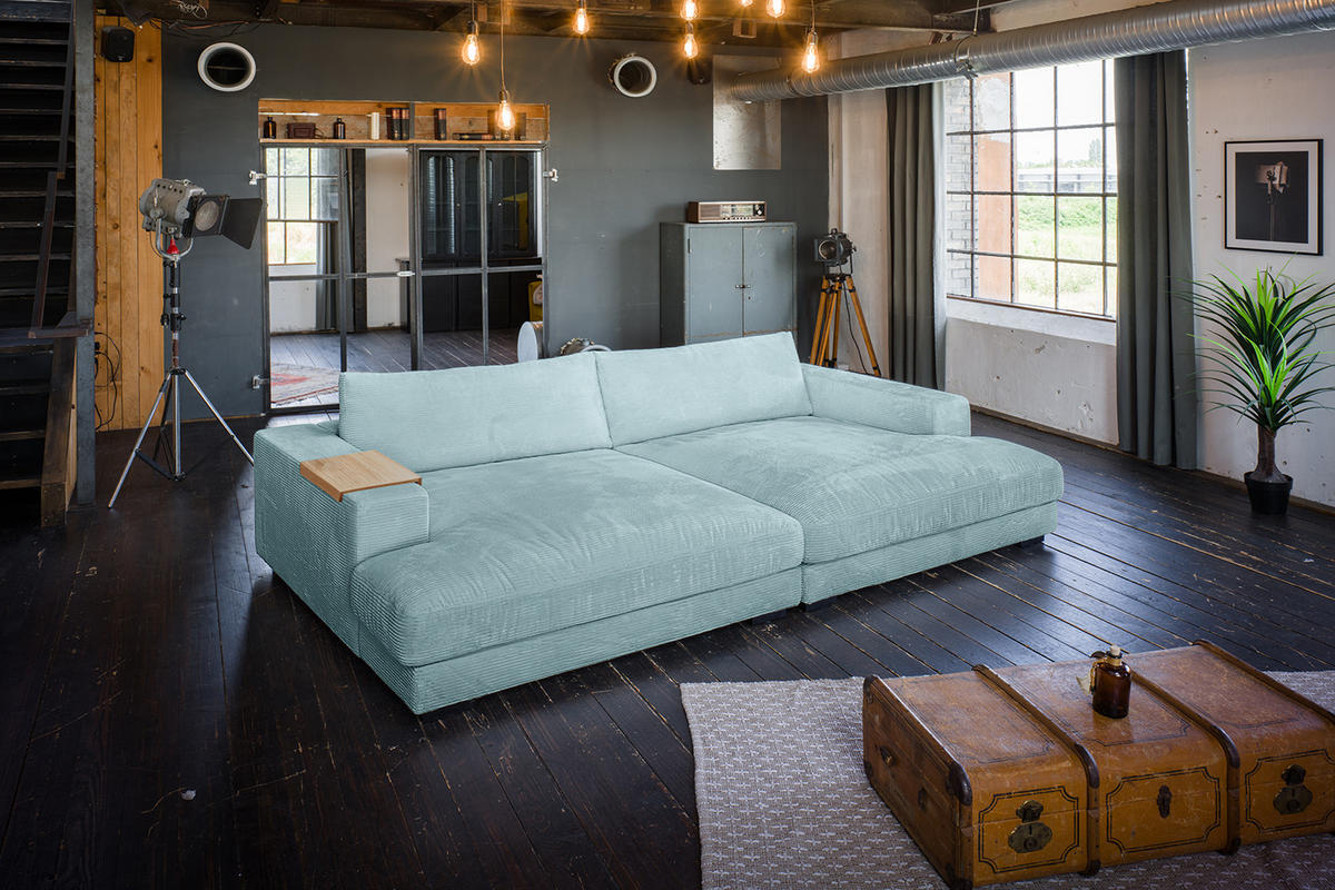 BIG SOFA XL MIT TABLETT NATUR MADELINE Hellblau Cord - Schwarz/Hellblau, Kunststoff/Textil (290/85/190cm) - KAWOLA