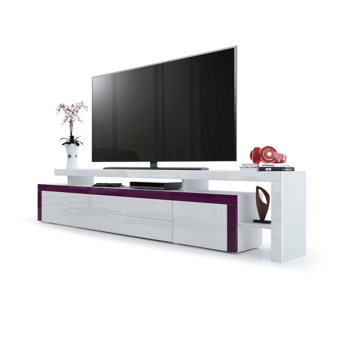 LOWBOARD Leon Weiß Hochglanz / Brombeer Hochglanz - Weiß Hochglanz/Brombeere, Holzwerkstoff (227/52/35cm) - Vladon