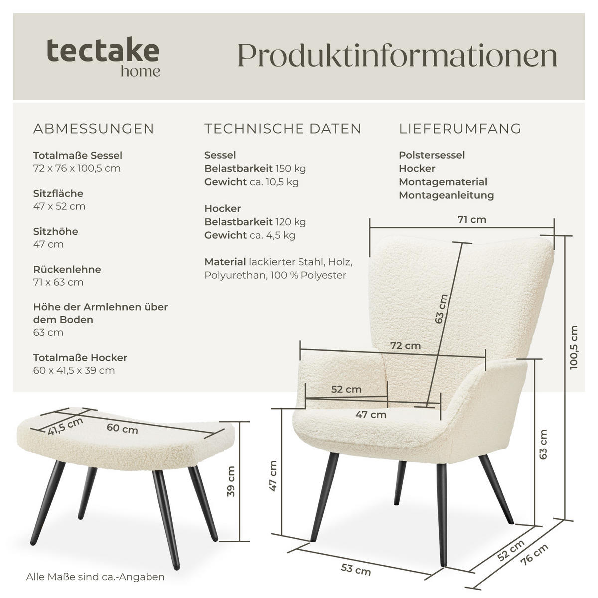 SESSEL Hygge,72 x 76 x 100,5 cm,Bouclé creme/schwarz - Creme/Schwarz, Kunststoff (72/100.5/76cm) - tectake