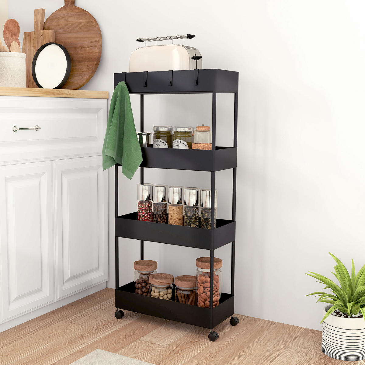 ROLLWAGEN mit 4 Ebenen, Kunststoff, Schwarz, 40 x 19 x 90 cm - Schwarz, Metall (19/90/40cm) - HOMCOM