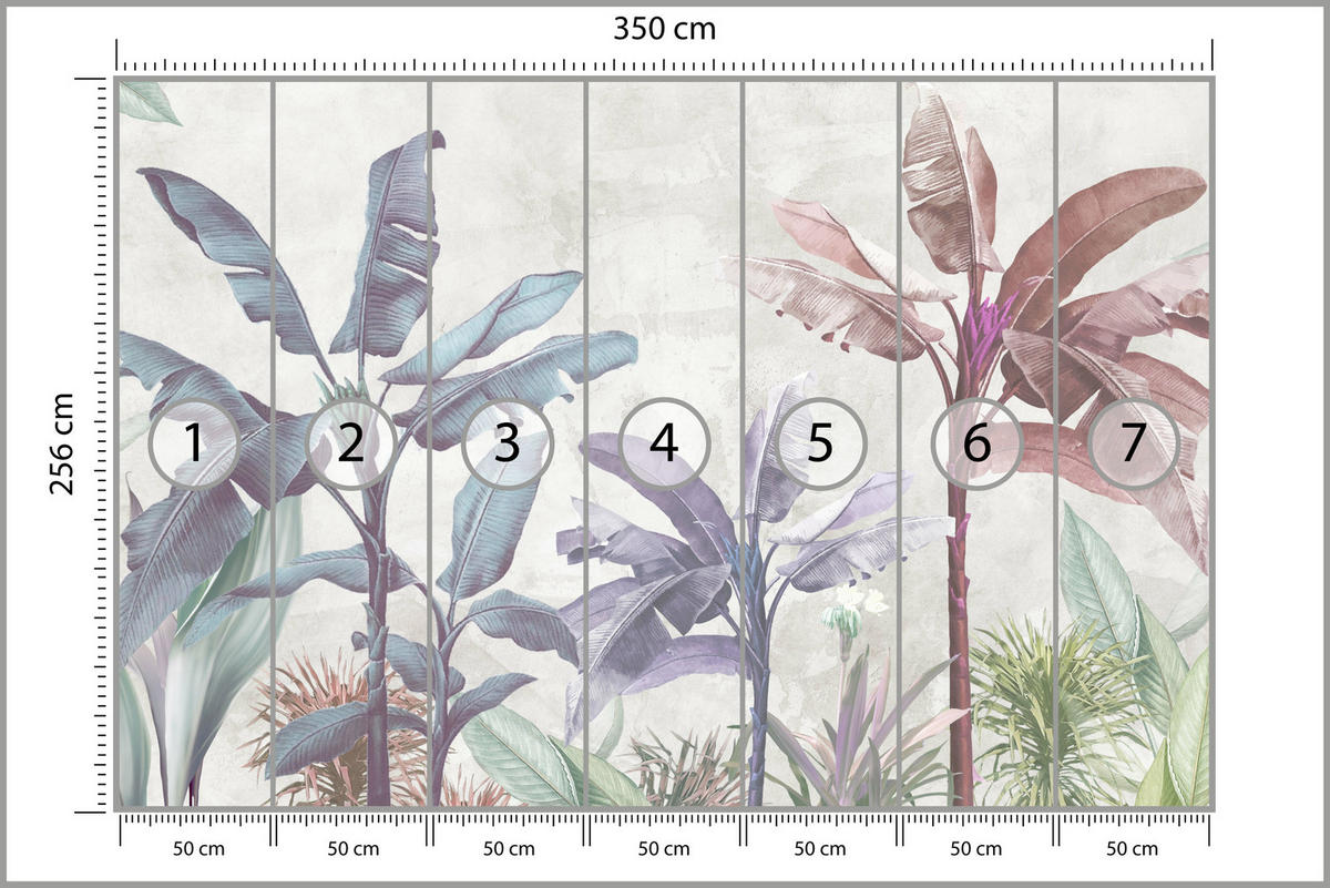 FOTOTAPETE für Schlafzimmer Bunte Bananenblätter Tropen Bäume 350x256 - Beige/Rot, Papier (350/256cm) - Muralo