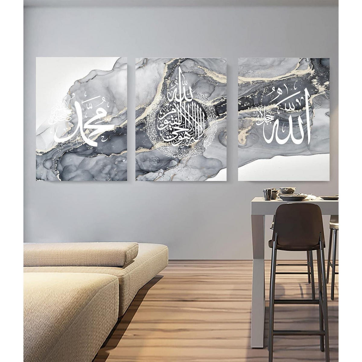 POSTER 3er-Set Islamische Kalligraphie Leinwand 60 x 90 cm Grau - Grau, Papier (1/0.5cm)