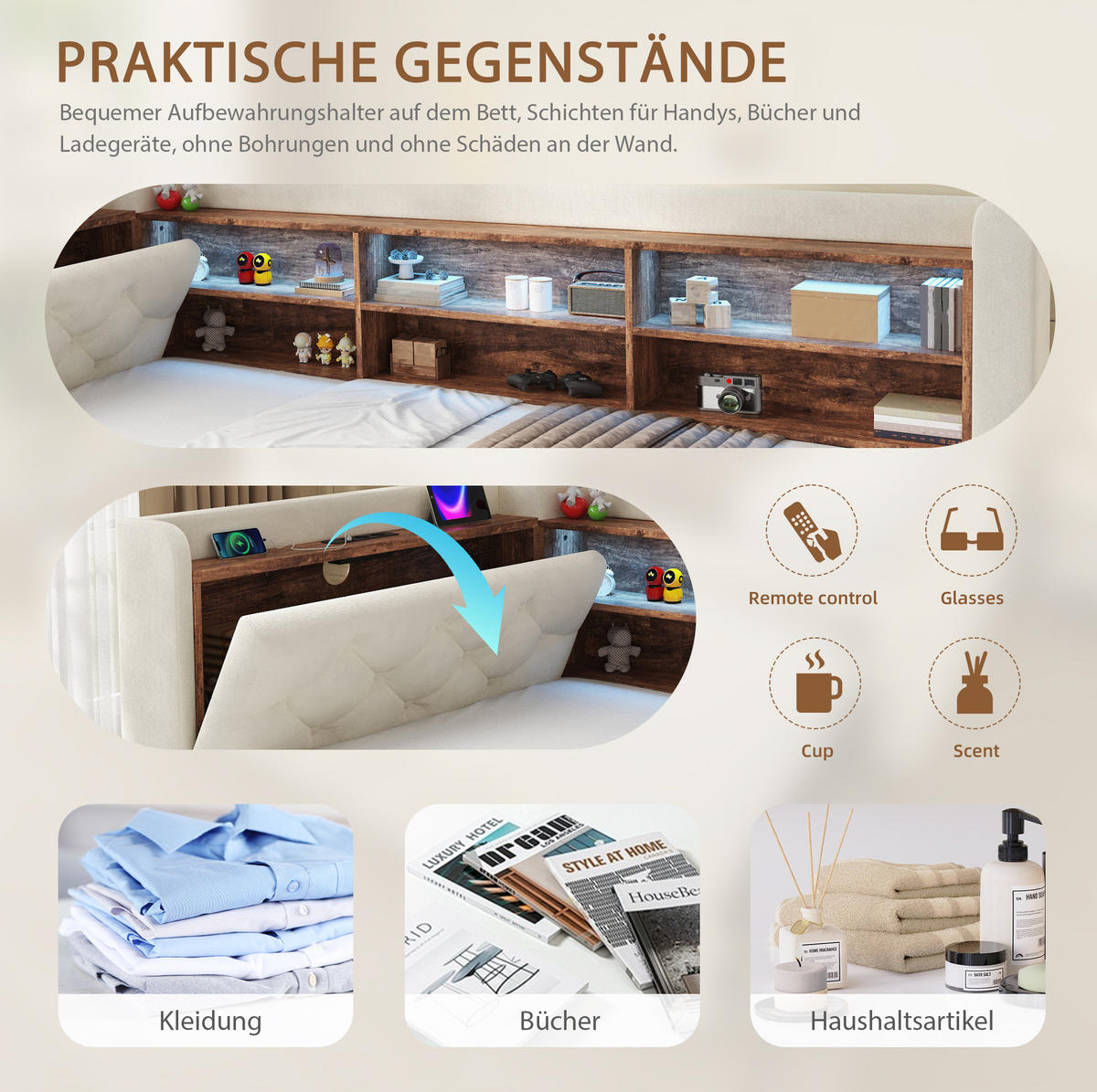 BETT 90/180×190 cm in Beige mit Stauraum, LED-Beleuchtung und USB- und Type-C-Anschlüssen - Beige, Textil (180/190cm) - Flora Grace