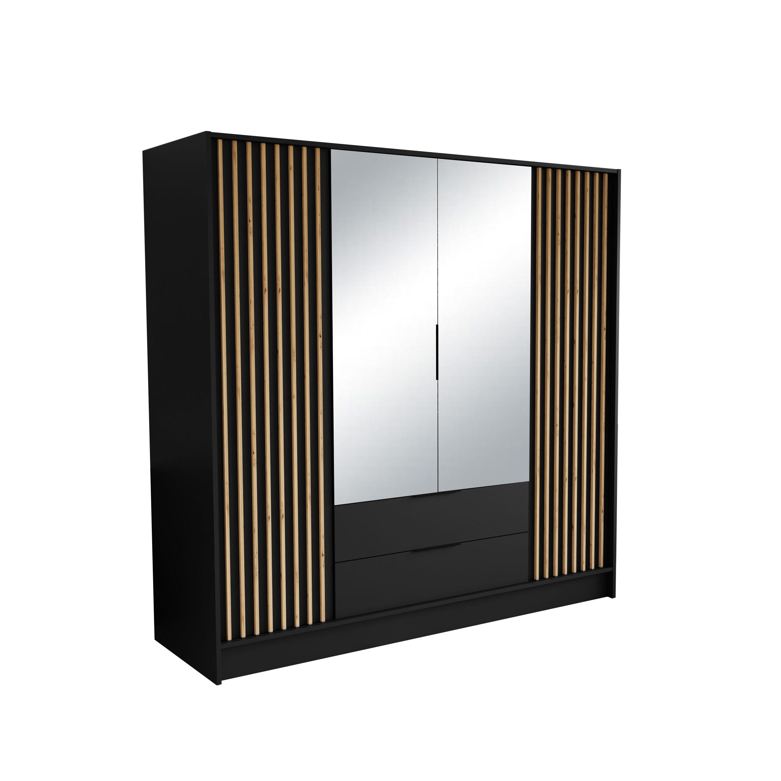 DREHTÜRENSCHRANK PELOR 200/200/51 cm Modern Kleiderschrank 4-türig mit Spiegel Schwarz - Schwarz, Holzwerkstoff (200/200/51cm) - MASSENO