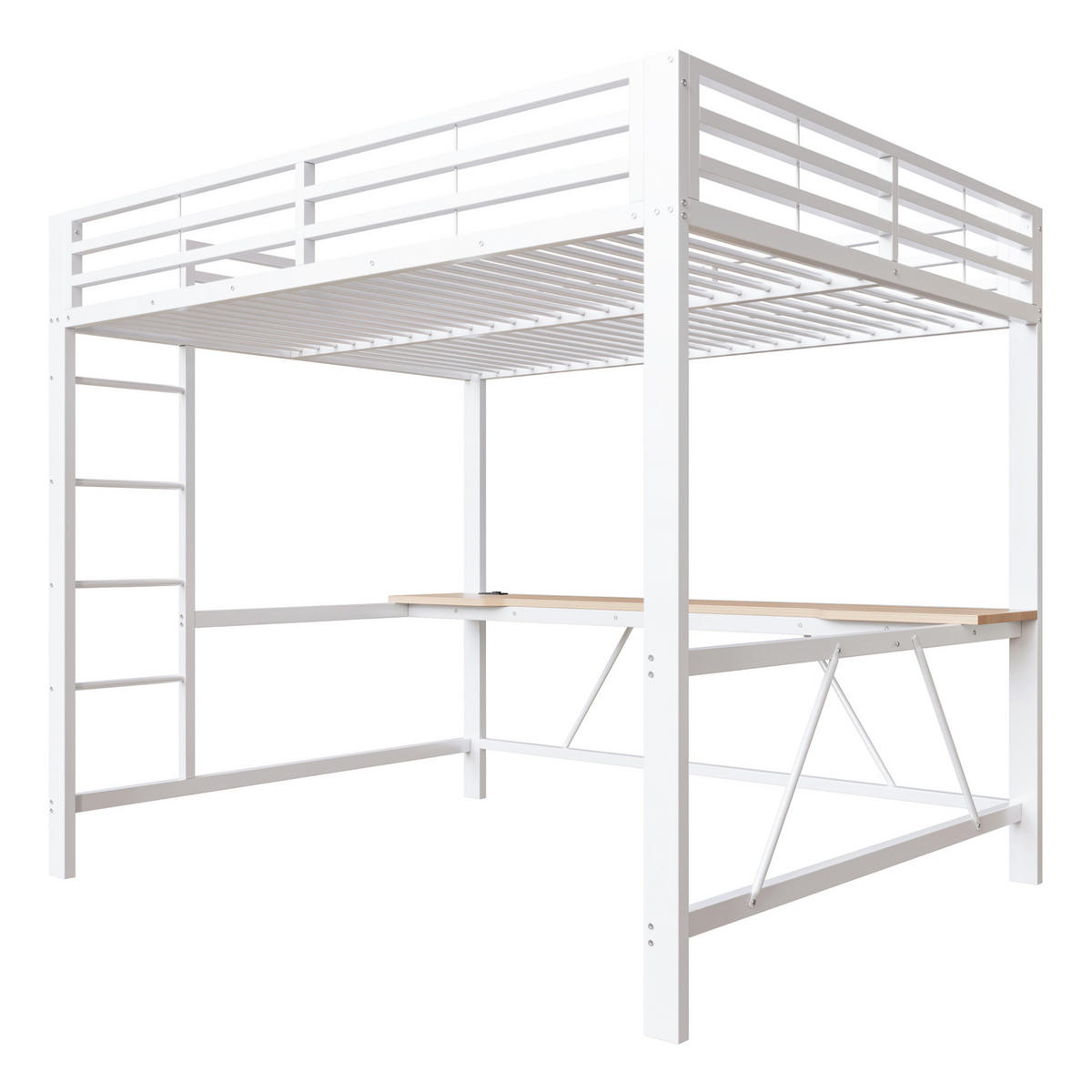 GAMING-HOCHBETT aus Metall und MDF 160x200 cm Weiß mit Schreibtisch, LED-Beleuchtung und Rundum-Schutz - Weiß, Holzwerkstoff (160/200cm) - Modfu