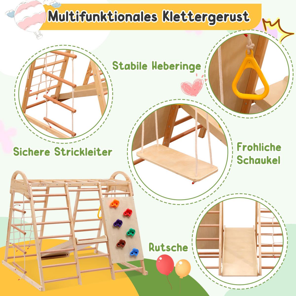 KLETTERGERÜST 7in1 Kinder Holz Rutsche Schaukel - Naturfarben, Holz (134/120cm) - Fortuna Lai