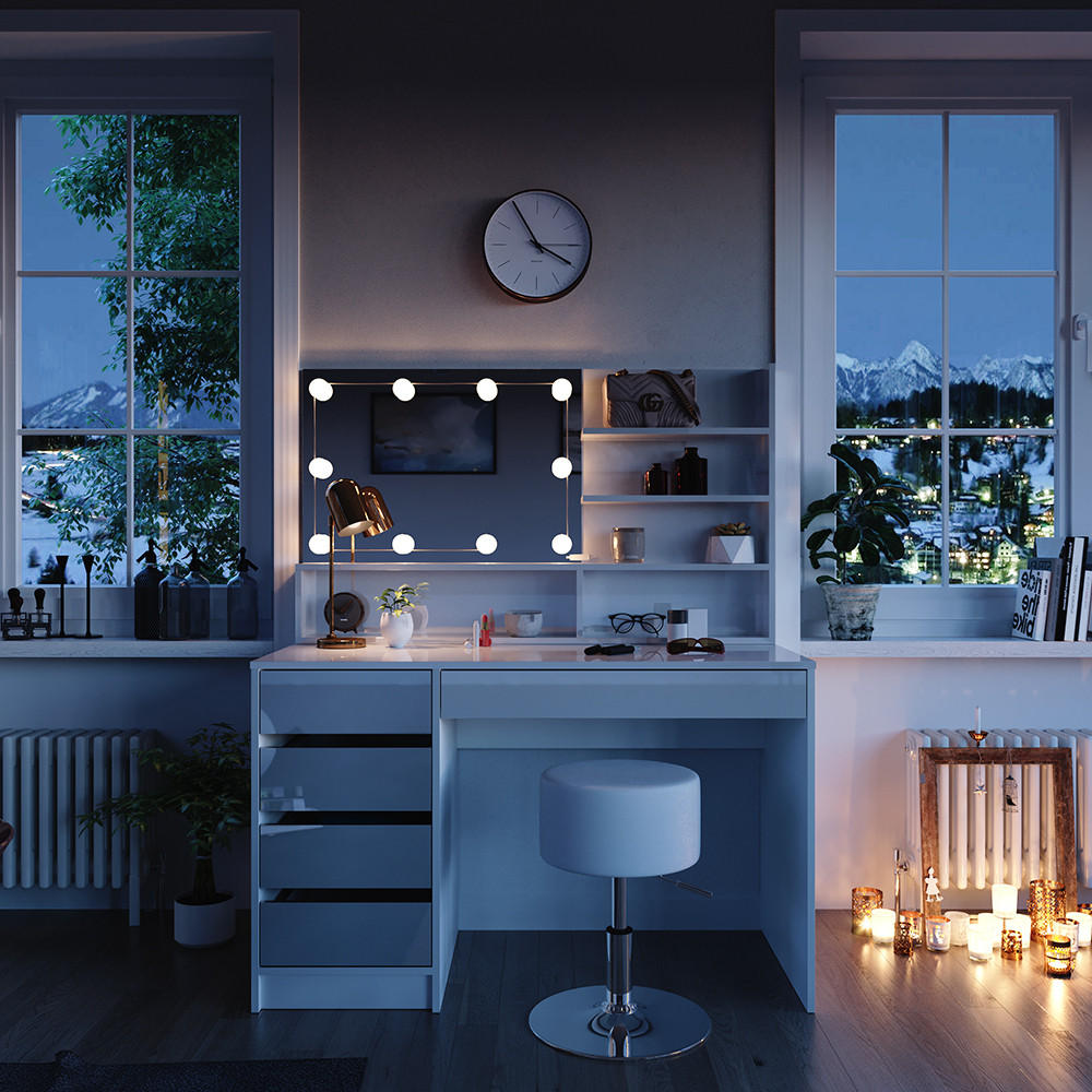 SCHMINKTISCH Sherry Weiß 120 cm mit LED Beleuchtung, Hocker und Spiegelregal - Weiß, Holzwerkstoff (120/145/55cm) - Vicco