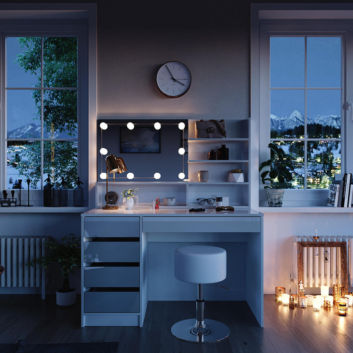 SCHMINKTISCH Sherry Weiß 145 cm mit LED Beleuchtung Hocker und Spiegelregal - Weiß, Holzwerkstoff (55/75/145cm) - Vicco