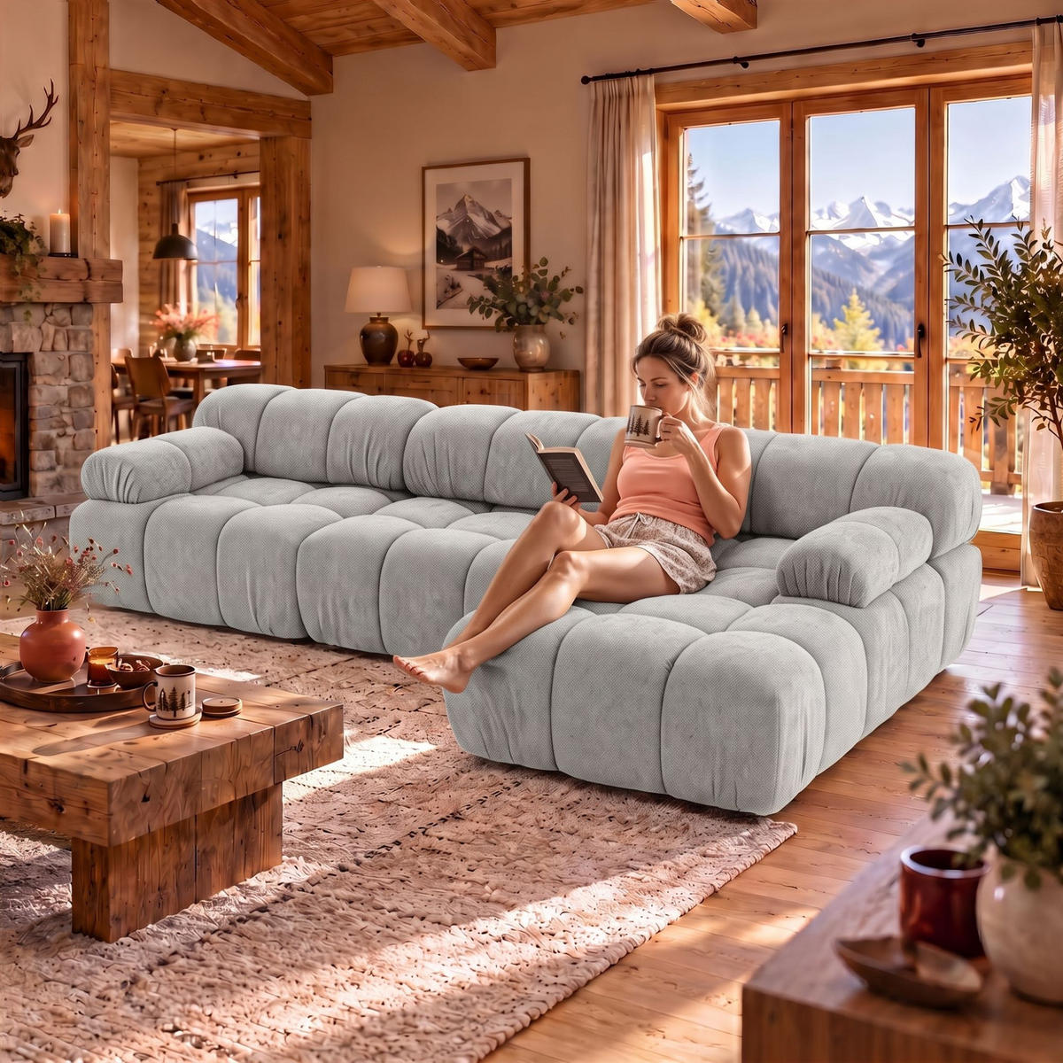 MODULARES Ecksofa MOMENTUM L, Rechts, Breite 282 cm, strukturierter Stoff, Grau - Chromfarben/Grau, Holz/Textil (155/282cm) - Muffo