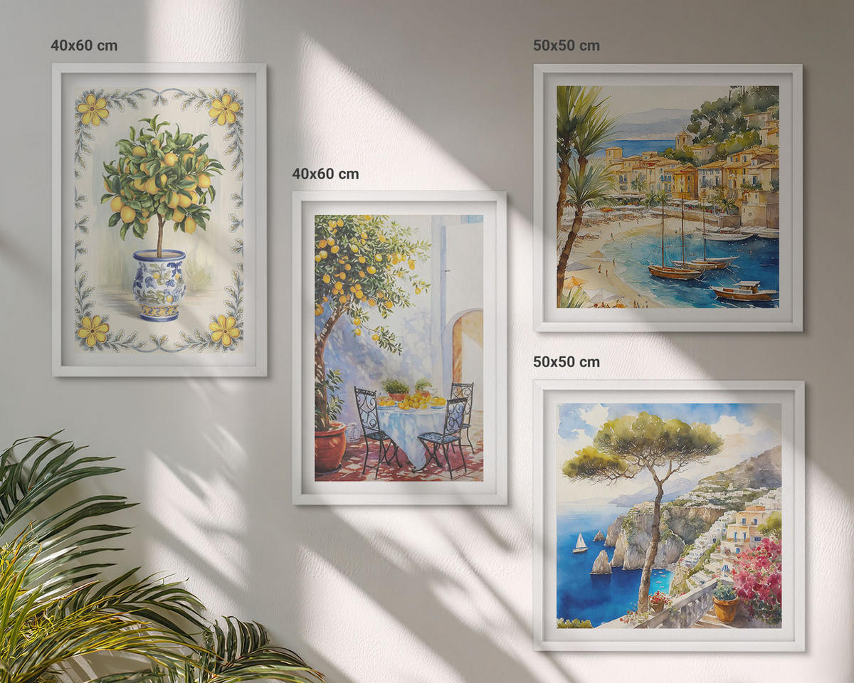 WANDBILDER 4er-Set - 50x50 cm & 40x60 cm Weißer Rahmen - Blick auf das Meer aus Zitronenbäumen - Weiß, Kunststoff (50/50cm) - ArtPrintCave